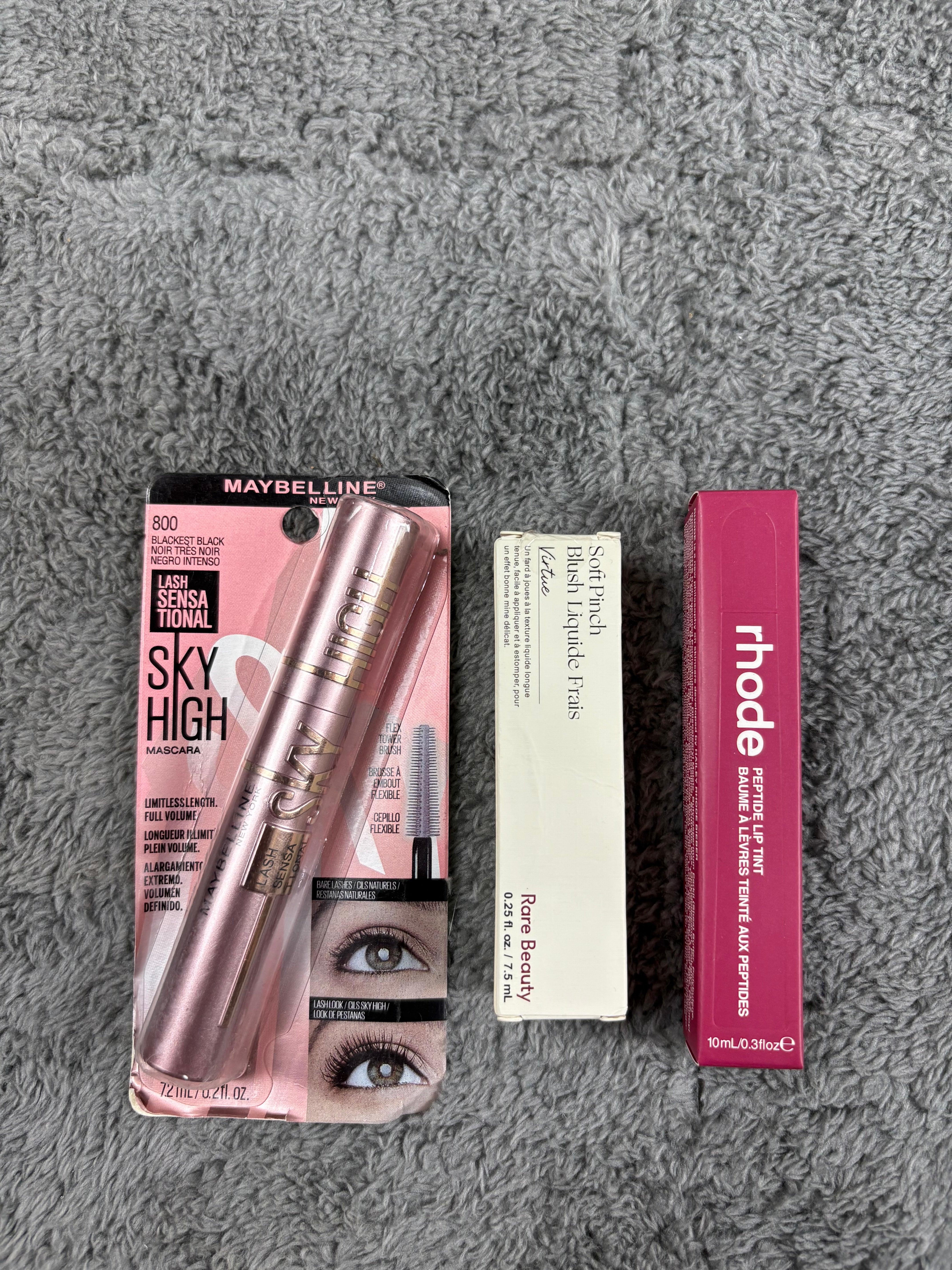 Rhode lipgloss | rare beauty blush | maybaline  sky high mascara ( shades confirmed through whatsapp ) u will receive msg after placing order