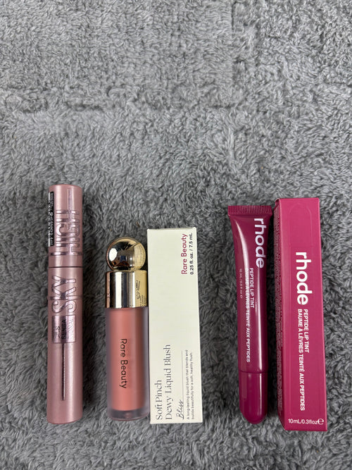 Rhode lipgloss | rare beauty blush | maybaline  sky high mascara