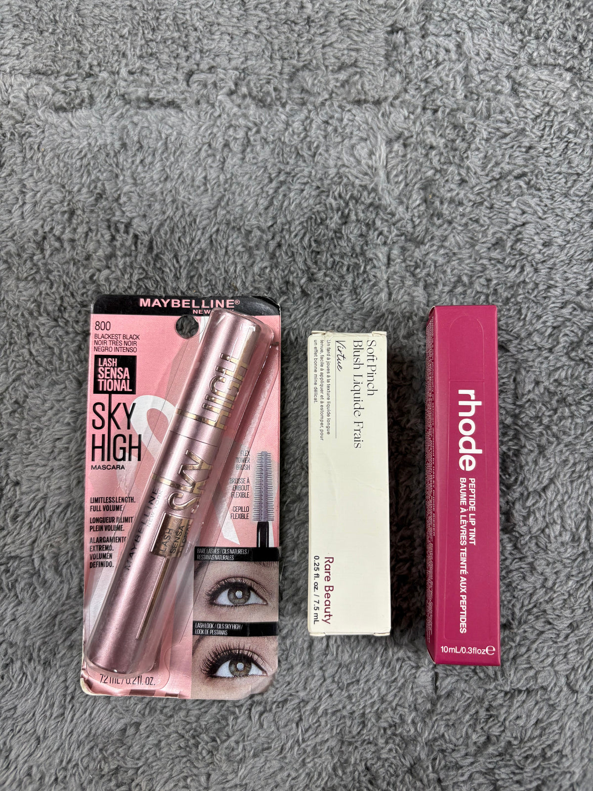 Rhode lipgloss | rare beauty blush | maybaline  sky high mascara