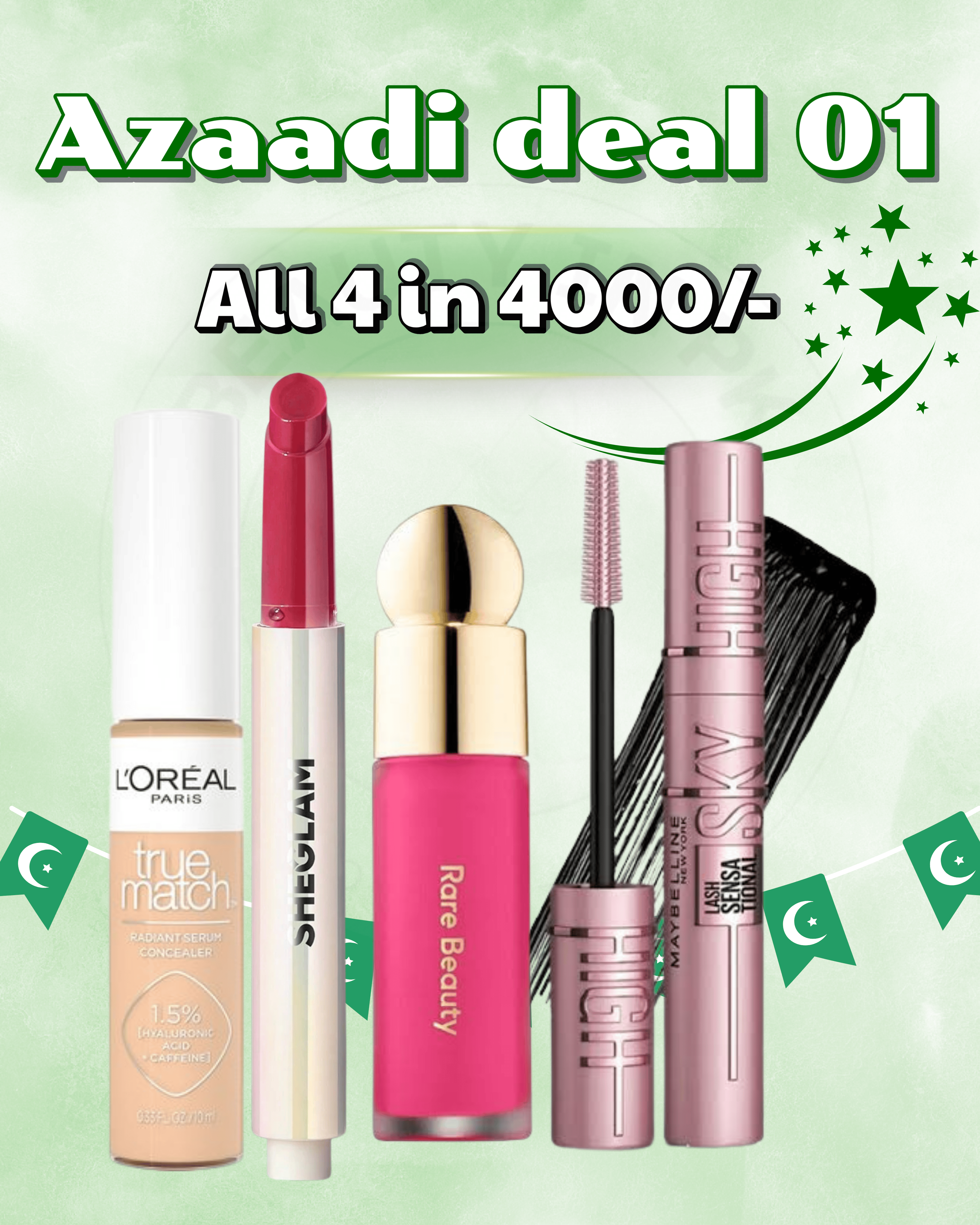 DEAL 02 - (concealer, sheglam lip plumper, skyhigh mascara, rare beauty) shades will confirm on WhatsApp