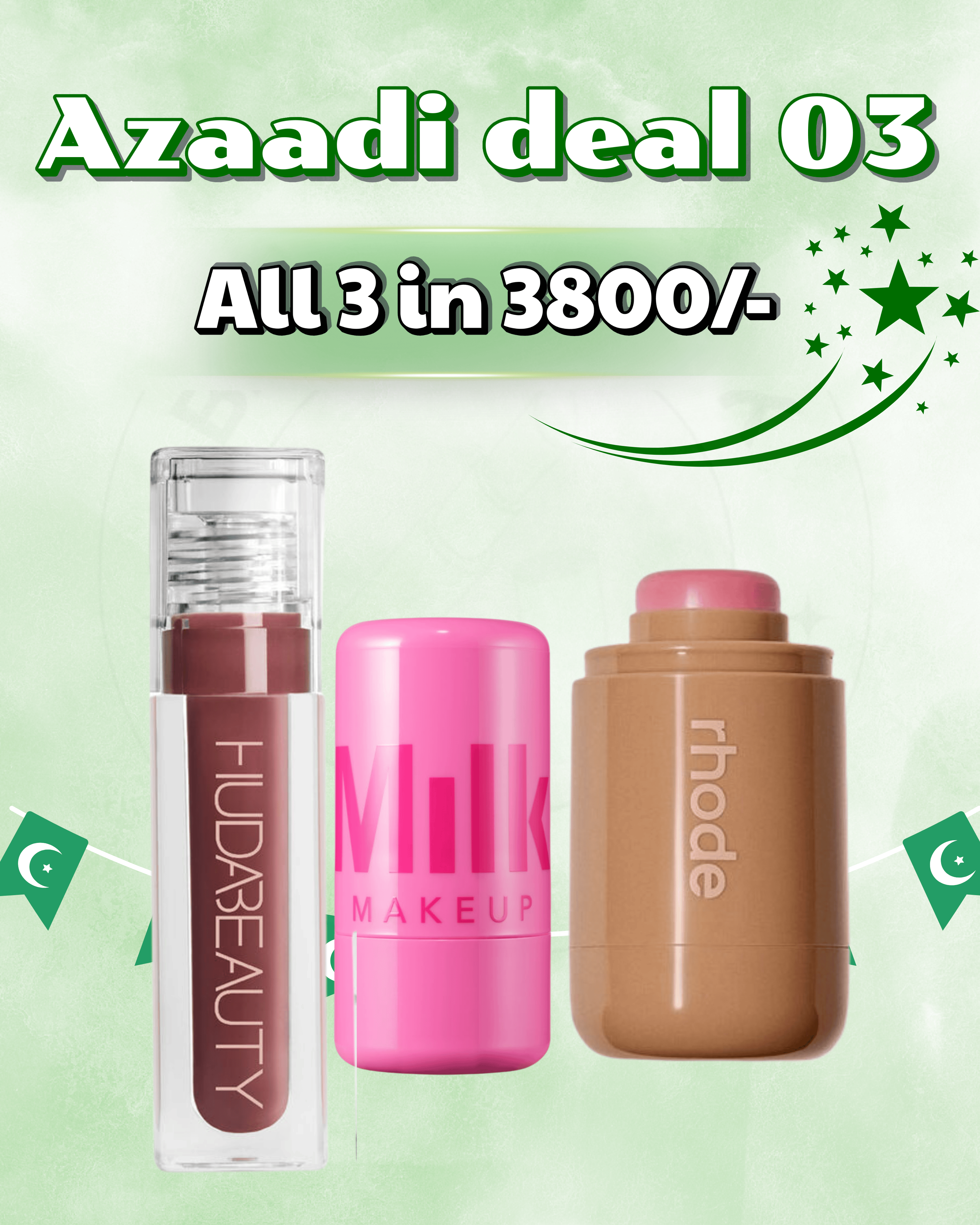 Deal 03 - HUDABEAUTY LIP GLOSS, MILK JELLY TINT, RHODE POCKET BLUSH.