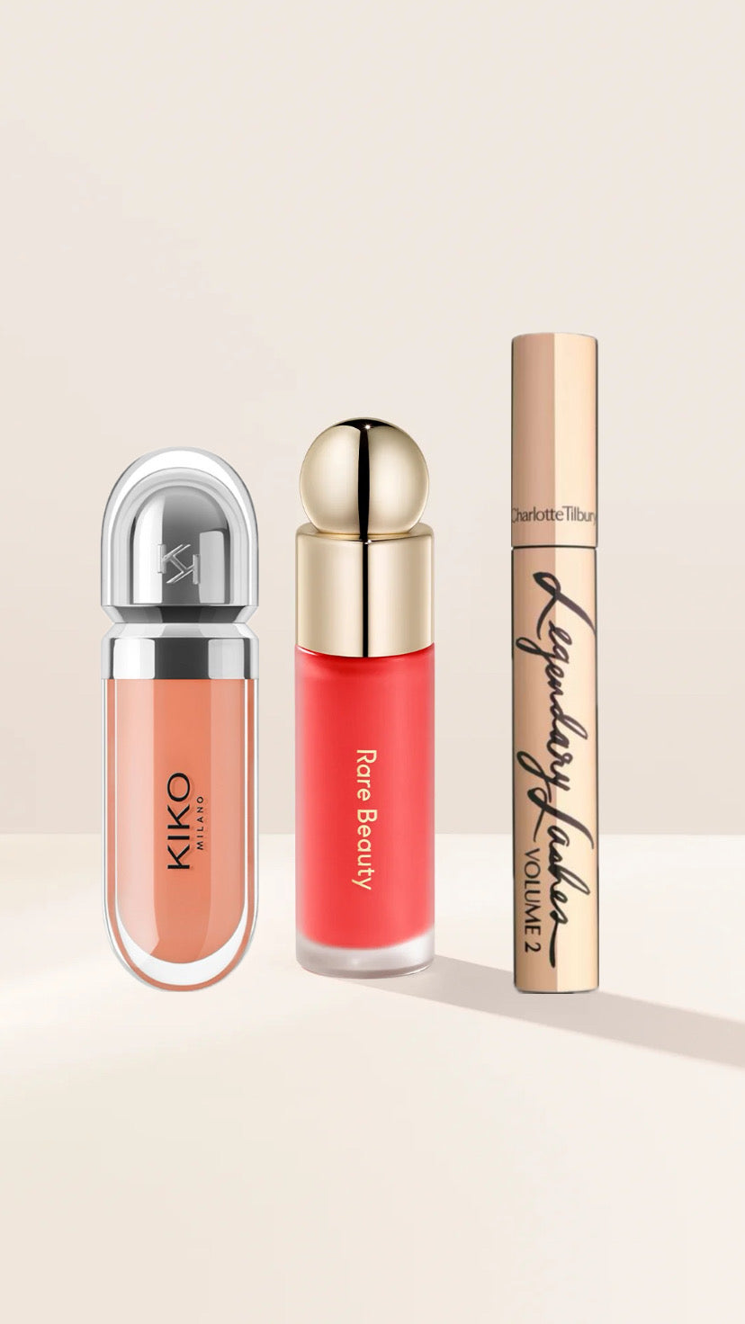 DEAL 02 ( KIKO 3D HYDRA LIP GLOSS 08, CHARLOTTE TILBURY MASCARA, RARE BEAUTY BLUSH SHADE GREATFUL)